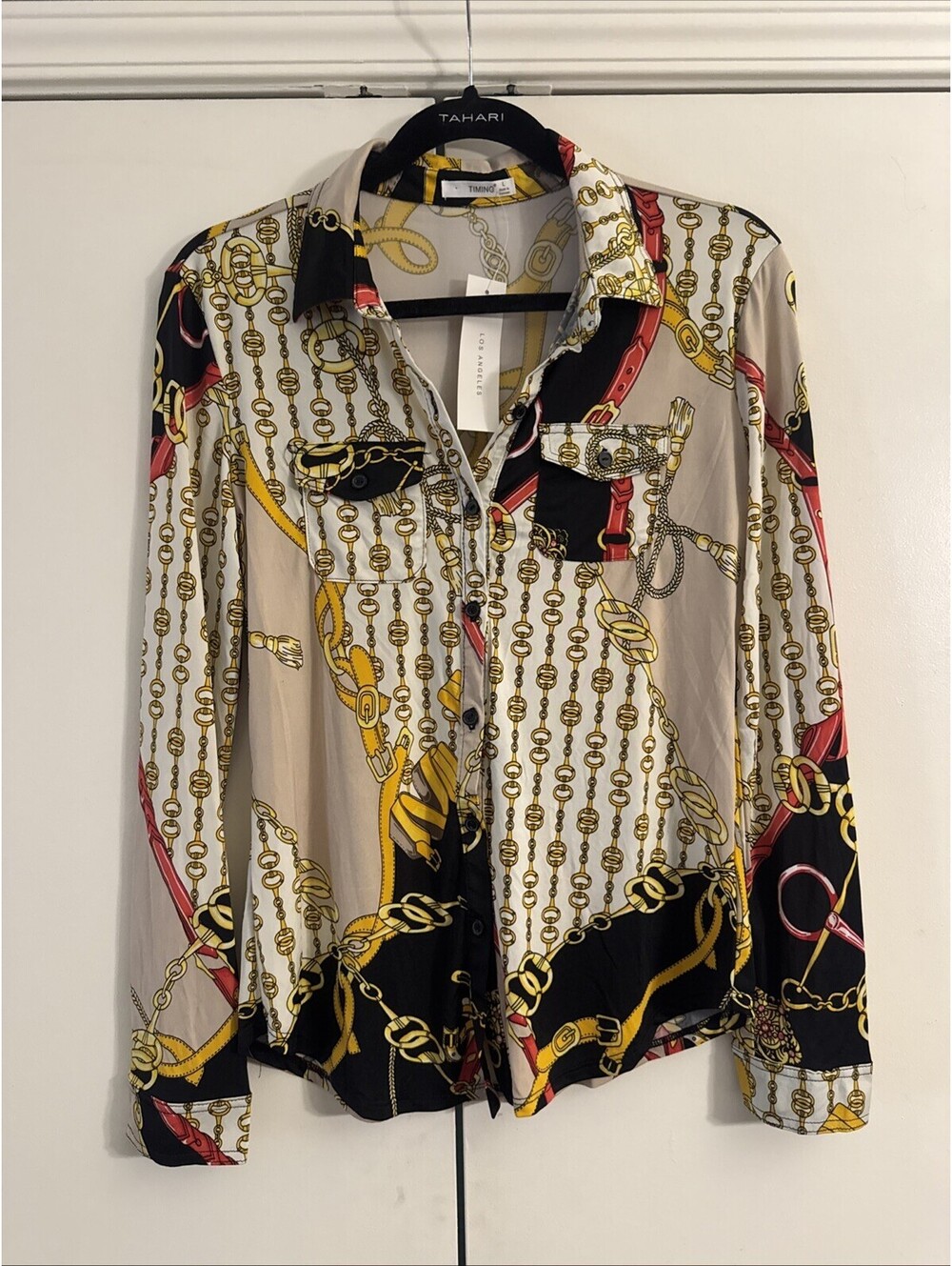 Timing Los Angeles Baroque Chain Belt Print Button Down Blouse Top Women's L NWT